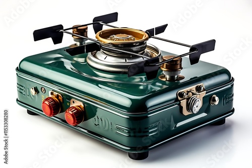 Vintage green portable gas stove isolated on white background. photo