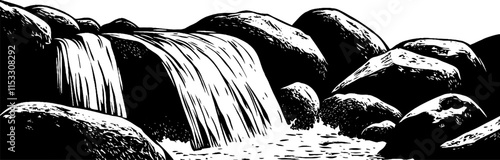 Vintage woodcut illustration of a waterfall cascading over stones in a serene landscape