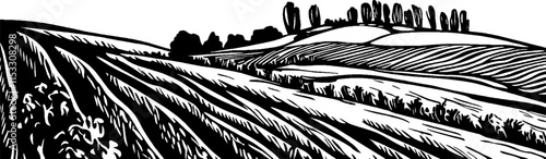 Vintage woodcut illustration of a vineyard landscape featuring rolling hills and grapevines