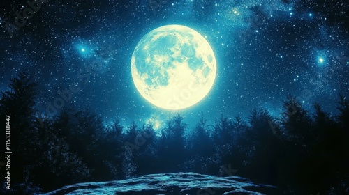 Moonlight Forest. Sound bath Space id Frequency healing Levitating moon lamp Cosmos Crypto Esg fintech Moonpay Tunetank Glowday Casper Bright full glowing over dark night sky