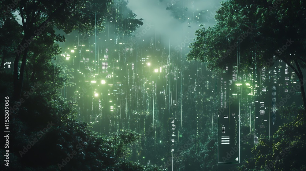 Digital rainforest at night blending nature's lush greenery with a futuristic cityscape's glowing code. Digital rainforest at night blending nature's lush greenery with a futuristic cityscape's glowing code.