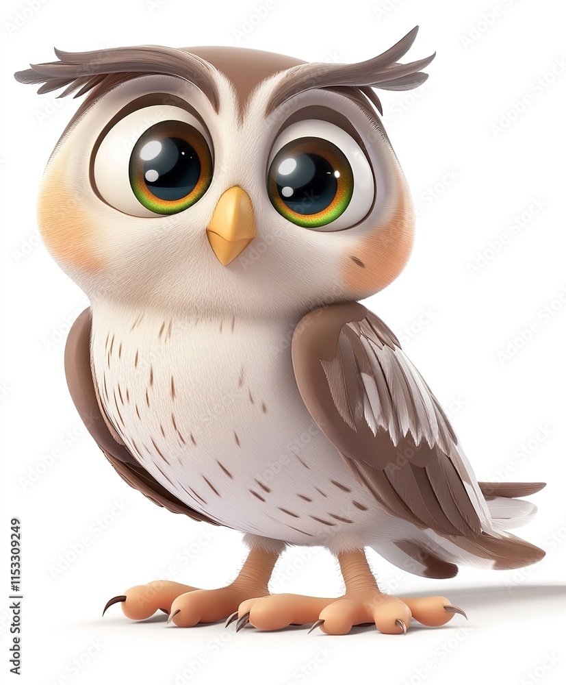 Obraz premium Cartoon owl on a white isolated background in 3D graphics style