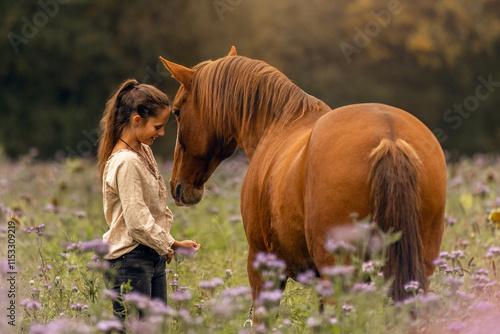 Fotografia A woman and her Lusitano horse cuddling and interacting on a wildflower meadow i