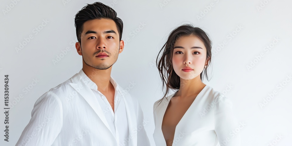 A stylish couple of Asian descent dressed in white against a white background, showcasing elegance and beauty, perfect for themes of love, partnership, and grace. A stylish couple of Asian descent dressed in white against a white background, showcasing elegance and beauty, perfect for themes of love, partnership, and grace.