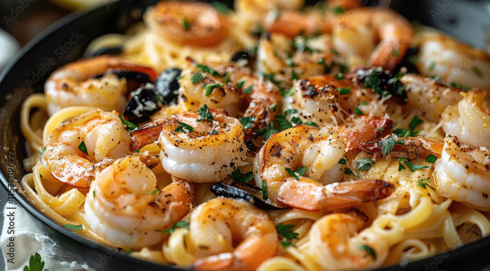 Seafood with Garlic Butter Sauce over Pasta. Seafood with Garlic Butter Sauce over Pasta.