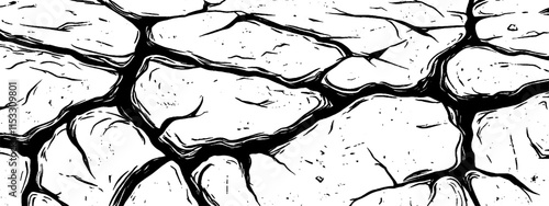 Vintage woodcut illustration depicting cracks in dry earth landscape