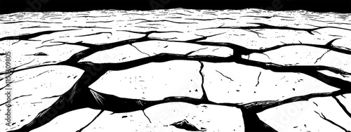 Vintage woodcut illustration depicting cracked desert landscape under harsh conditions