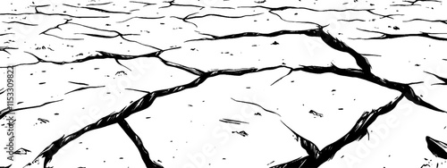 Vintage woodcut illustration showcasing dry, cracked desert landscape in stark monochrome detail
