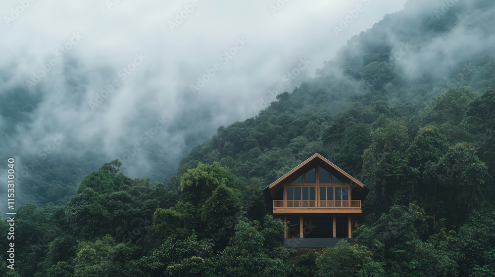 Half Built Wooden House Frame in Lush Green Forest with Mist Half Built Wooden House Frame in Lush Green Forest with Mist