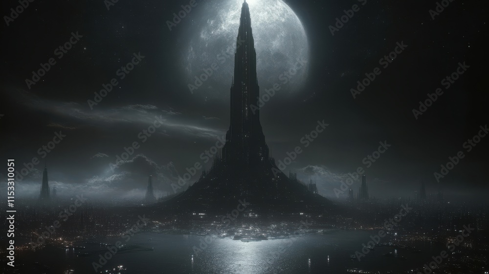 Fototapeta premium Tall dark futuristic tower at night under full moon.