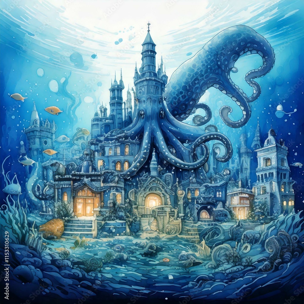 Fototapeta premium Illustration of an underwater watercolor city guarded by a Kraken in soft blues