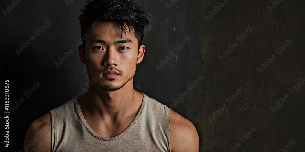 A striking portrait features a young, attractive Asian man set against a dark, grunge style background, emphasizing his appealing features and confident presence. A striking portrait features a young, attractive Asian man set against a dark, grunge style background, emphasizing his appealing features and confident presence.