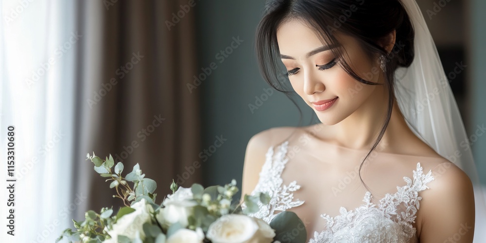 Naklejka premium Stunning bride adorned in an elegant wedding dress, showcasing beauty and grace. This beautiful bride captures the essence of love and celebration in her luxurious wedding dress.