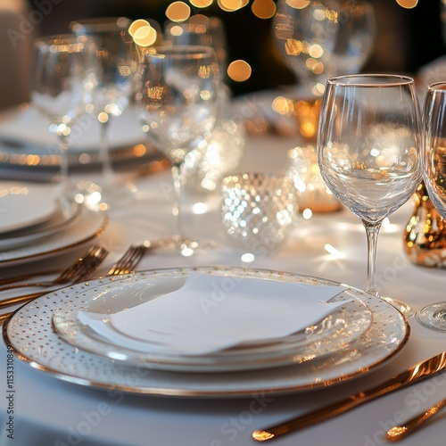Beautifully organized event - round served table banquet ready for guests, round decorated table with empty plate, glasses, forks, napkin. Elegant dinner table  photo