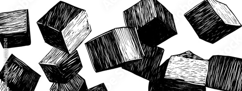 Vintage woodcut illustration depicting stacked and falling cubes in dynamic arrangement