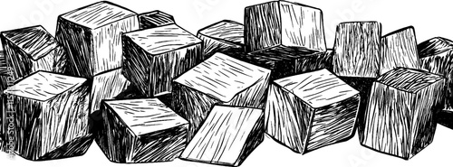 Vintage woodcut illustration featuring a collection of stacked wooden cubes in assorted sizes