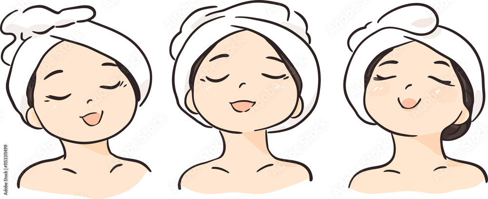 Illustration of Relaxing Spa Facial Treatment with Three Happy Women Wrapped in White Towels Illustration of Relaxing Spa Facial Treatment with Three Happy Women Wrapped in White Towels