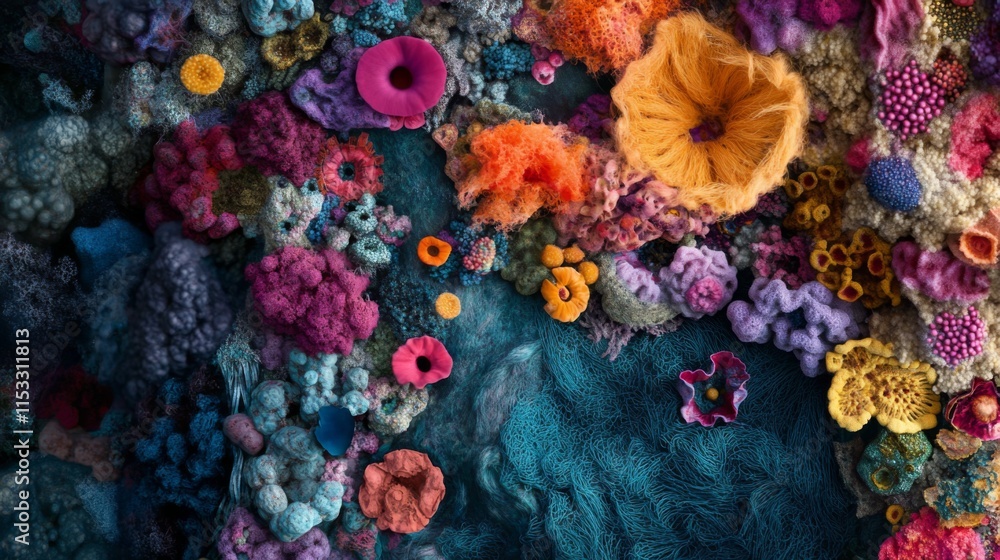 Fototapeta premium Vibrant coral reef teeming with diverse colorful coral polyps and sea life.