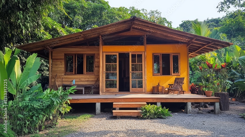 A modern Mediterranean style Airbnb cabin located in Guanacaste, Costa Rica, made of wood and concrete materials, surrounded by tropical plants, providing a peaceful and natural vacation experience. A modern Mediterranean style Airbnb cabin located in Guanacaste, Costa Rica, made of wood and concrete materials, surrounded by tropical plants, providing a peaceful and natural vacation experience.