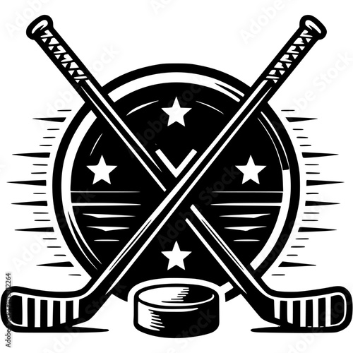 Crossed opponent sticks and hockey puck against round shield in monochrome. Simple minimalistic vector in black ink drawing on transparent background