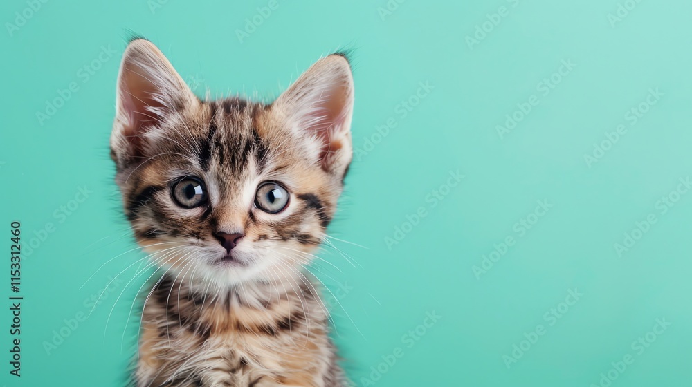 Obraz premium A close-up of a cute kitten against a teal background.