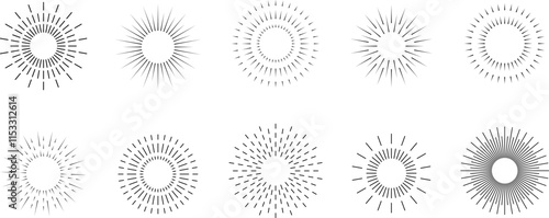 Vintage sunburst. Bursting rays sunrise firework starburst blast burst sunset star hand drawn collection. Radial sunset beams light ray radiant spark. Retro radiant sunburst. Trendy Vector badge set.
