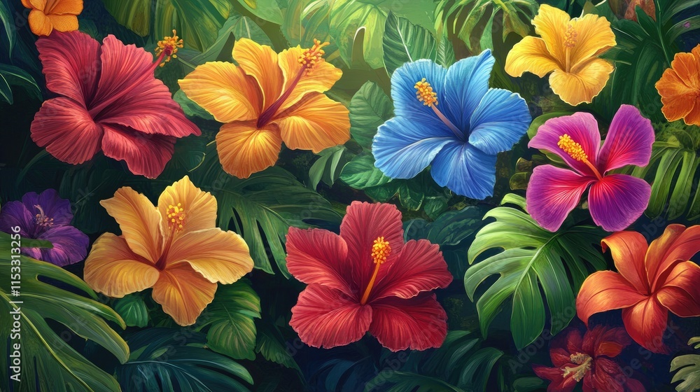 A close-up of vivid, colorful flowers surrounded by lush jungle plants, depicting the exotic beauty of tropical nature. A close-up of vivid, colorful flowers surrounded by lush jungle plants, depicting the exotic beauty of tropical nature.