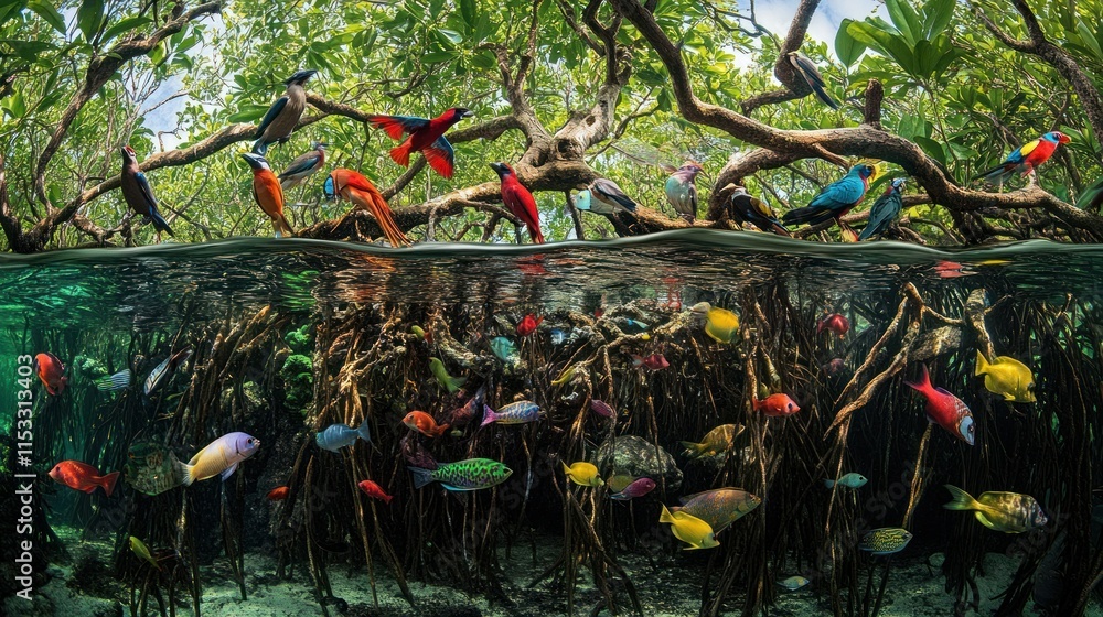 Obraz premium A vibrant mangrove setting with colorful birds perched on branches, fish visible in clear water, and roots stretching deep