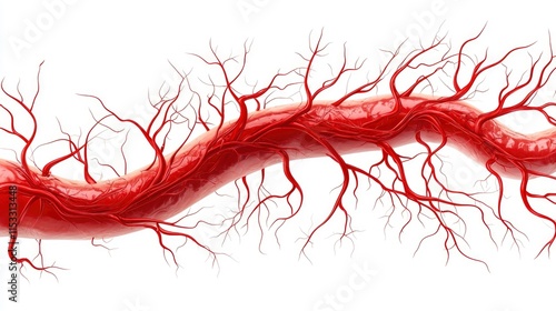 Red artery or vein with thin blood vessels branching out. Ideal for medical illustrations, health presentations, or educational materials.