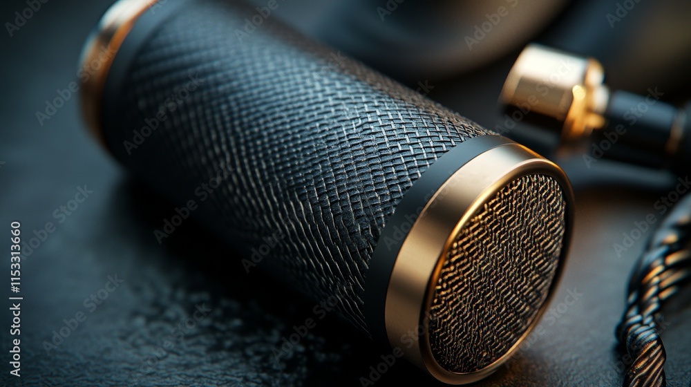 Obraz premium High end professional recording studio microphone, smooth metal mesh design, presented in low-key product photography, with a dark background highlighting its modern aesthetics.