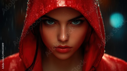 Woman in red hooded raincoat in rain. photo