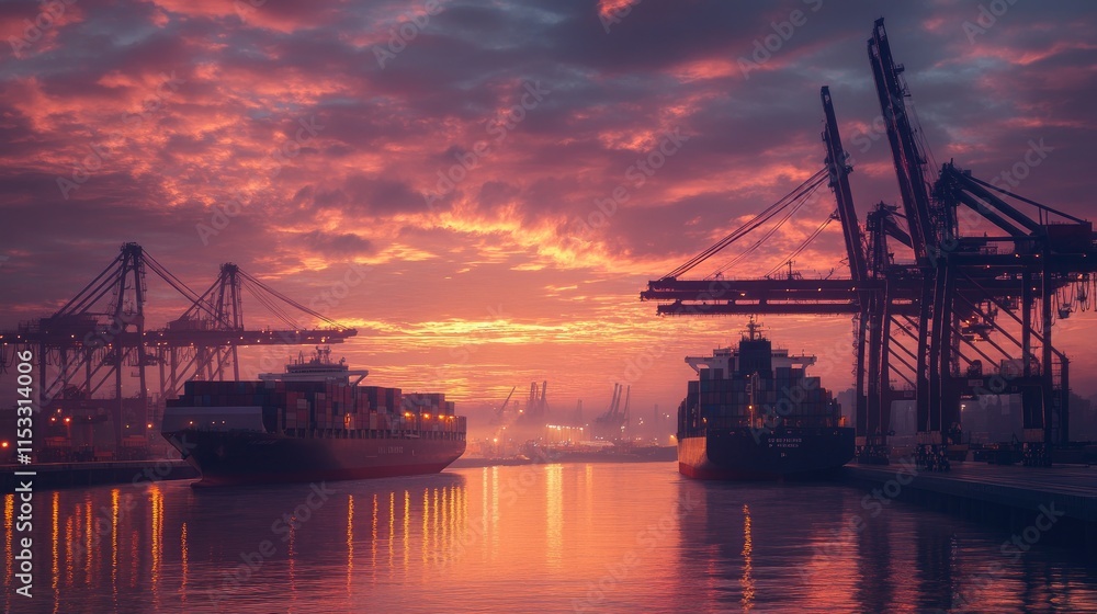 Obraz premium A container ship and cargo plane in a logistics yard at sunrise, with cranes handling containers, emphasizing the global transportation network.