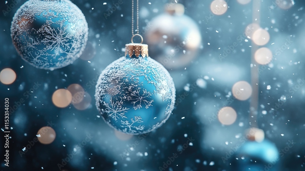 Merry Christmas and Happy New Year banner with snowflakes, snow, blurred circles, and blue and silver hanging baubles. Merry Christmas and Happy New Year banner with snowflakes, snow, blurred circles, and blue and silver hanging baubles.
