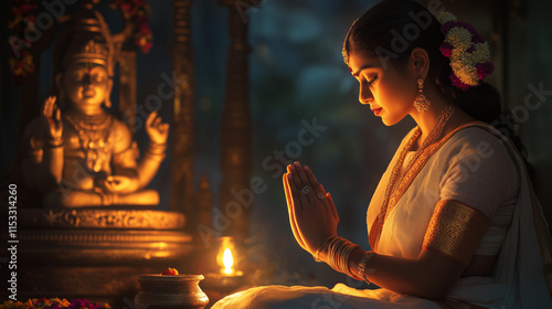 a Hindu woman wearing a white and gold sari sitting in prayer with folded hands in front of a statue of Lord Vishnu during Nirjala Ekadashi, Ai generated images photo