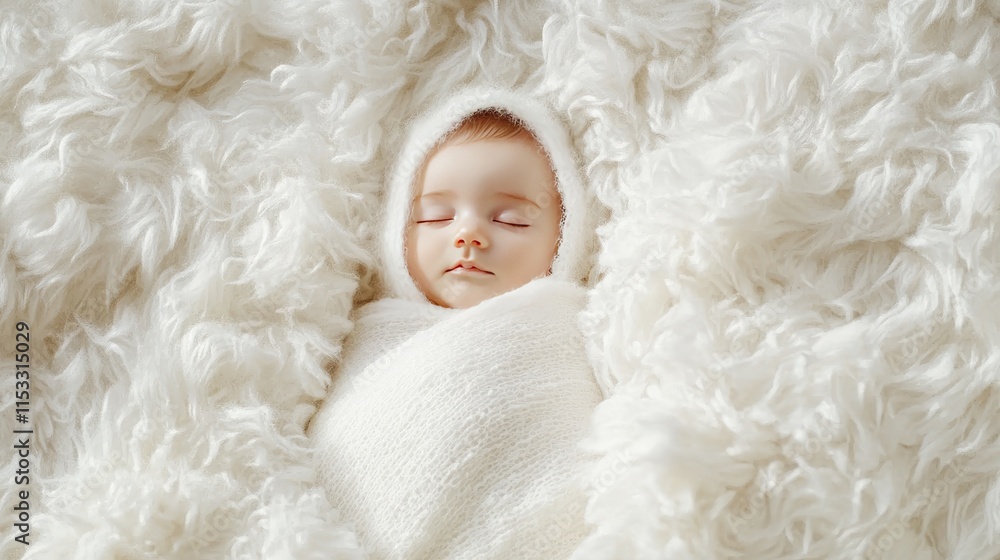 A cute newborn baby wrapped in a fluffy white blanket, top view with plenty of copy space, ideal for baby care, and family-themed visuals. A cute newborn baby wrapped in a fluffy white blanket, top view with plenty of copy space, ideal for baby care, and family-themed visuals.