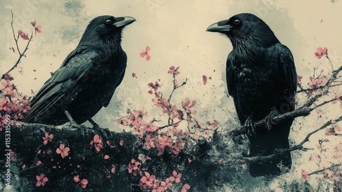 Grunge rock show poster featuring melancholic lyrics, broken glass, flowers, and crows in a dark and gritty design, perfect for a heavy rock music event with intense atmosphere. photo