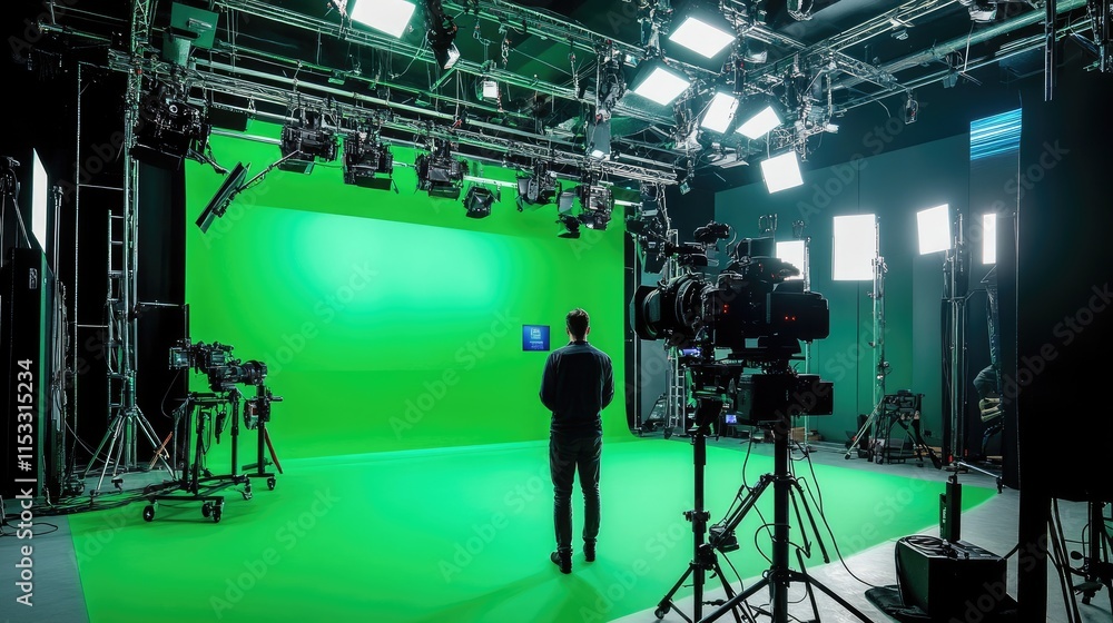 Fototapeta premium A cutting-edge virtual TV studio with a green screen wall, perfect for creating immersive news sets and 3D digital environments.