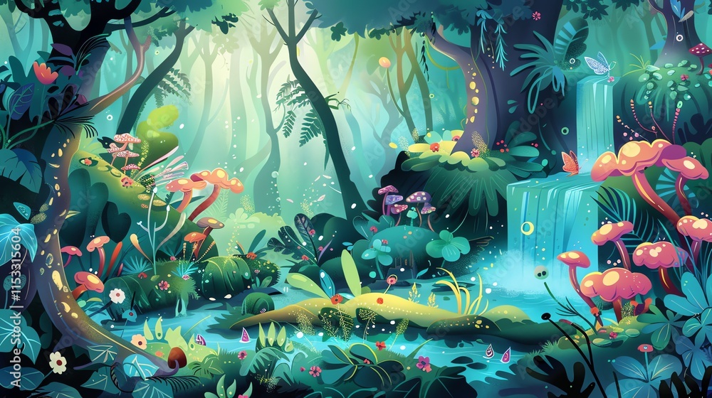 Fototapeta premium A magical forest with a stream and colorful foliage.