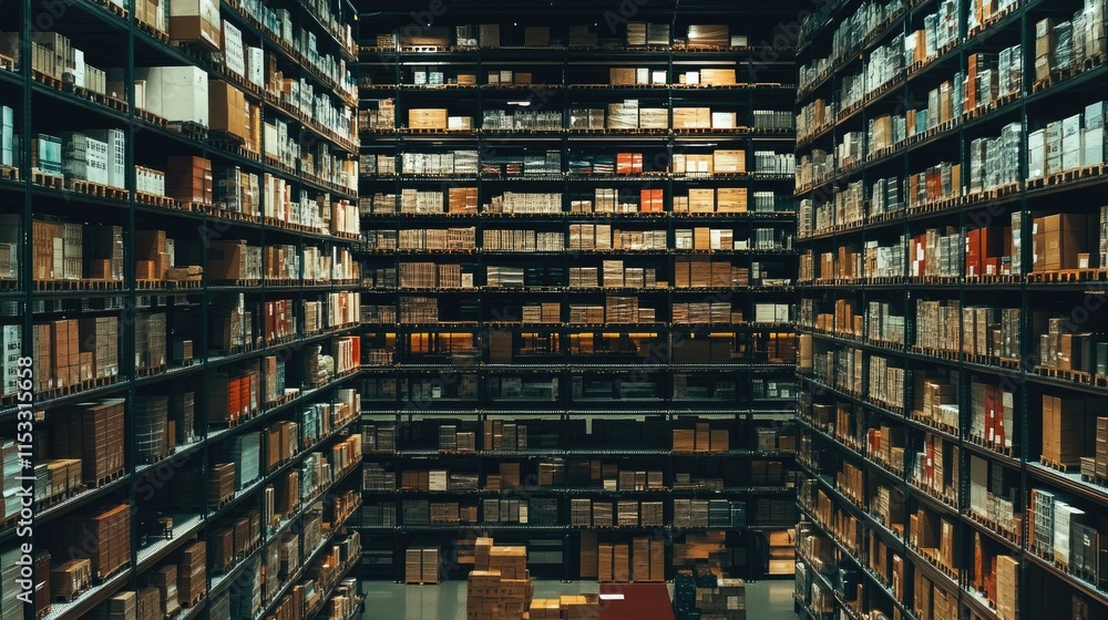 A distribution warehouse with towering high shelves and organized goods, capturing the vast scale of operations in the logistics industry. A distribution warehouse with towering high shelves and organized goods, capturing the vast scale of operations in the logistics industry.