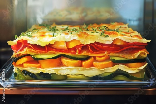 A large glass dish filled with a multi layered vegetable lasagna sits in an oven photo