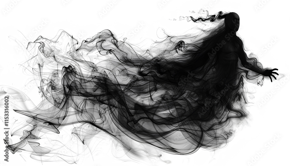 Fototapeta premium Halloween ghost shadow phantom. Flying spooky dead soul. Black smoke transparent horror monster isolated on white background