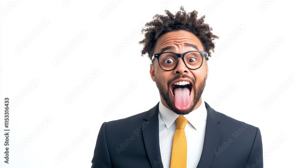 Businessman making goofy face with crossed eyes and tongue out in office setting Businessman making goofy face with crossed eyes and tongue out in office setting