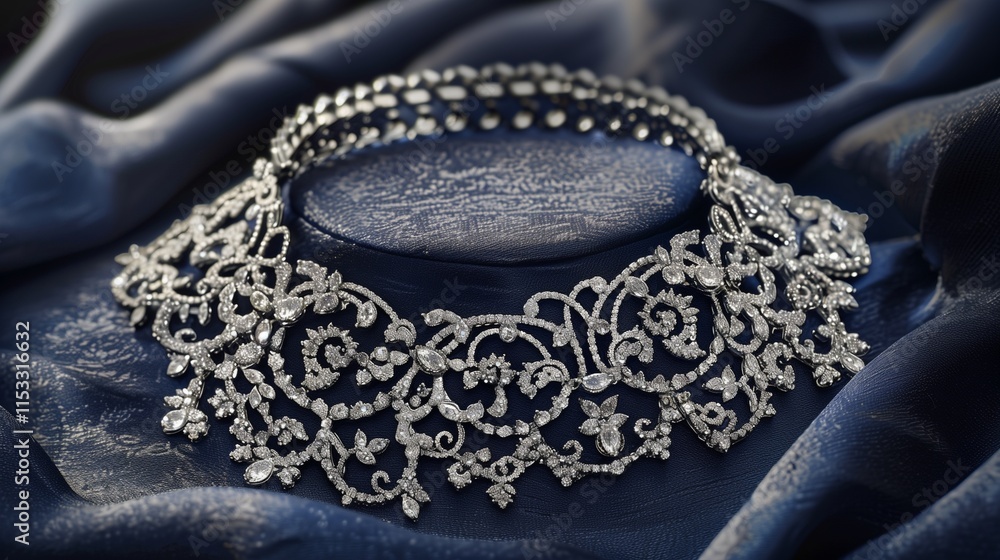 Obraz premium A stunning diamond necklace with intricate details, showcased on a matte velvet surface.