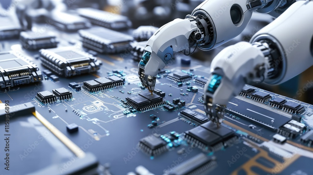 Fototapeta premium A fully automated PCB assembly line with robotic arms installing components on circuit boards, with a focus on quality control in electronics manufacturing.