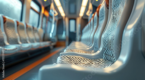 High-speed train seating, abstract wave pattern, blending of silver, dark gray, soft blue tones, modern materials like leather and fabric, simple and elegant seat back design. photo