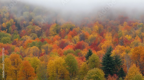 A vibrant autumn landscape filled with colorful foliage and misty mountains.