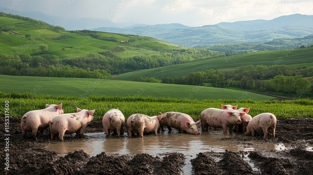 Fototapeta premium A group of pigs happily wallowing in a mud bath at a farm, with a beautiful countryside landscape featuring rolling green hills.