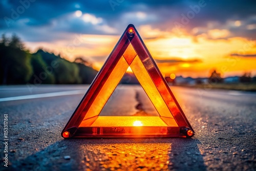 Road Warning Triangle Safety Sign on Asphalt Highway