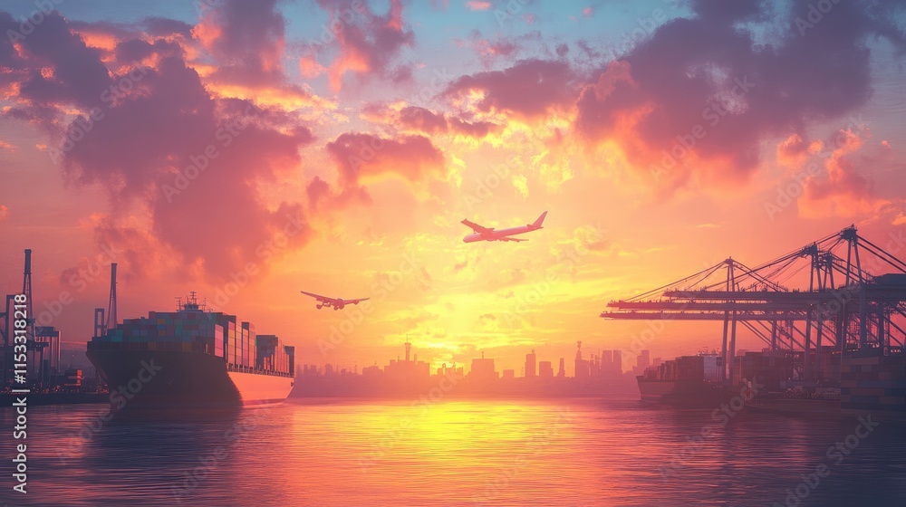Fototapeta premium A logistics port at sunrise with cargo ships and cargo planes, cranes moving containers, representing global import/export and transportation.