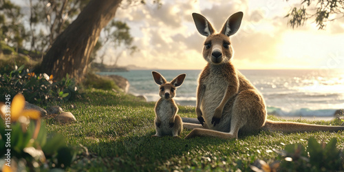 Coastal Kangaroo Companions: A mother and joey kangaroo survey their coastal surroundings photo